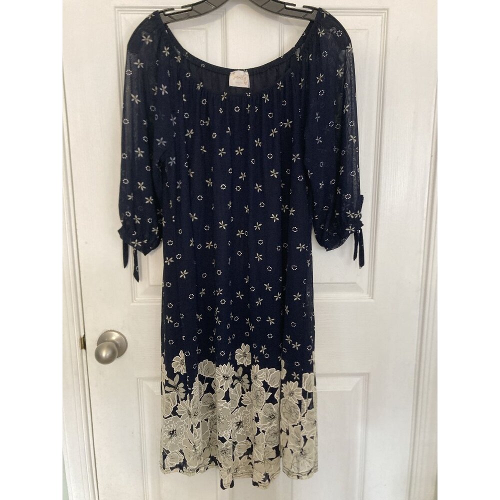 Siren Lily Navy Floral Print Off-Shoulder Dress With Tie Sleeves - Size L
